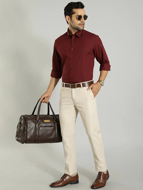 Indian Terrain Men's Slim Fit Self Design Beige Trousers